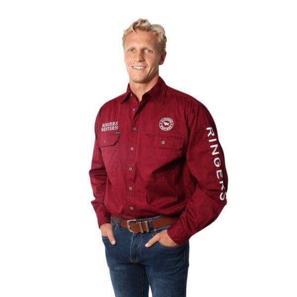 Ringers Western Hawkeye Mens Burgundy Full Button Work Shirt